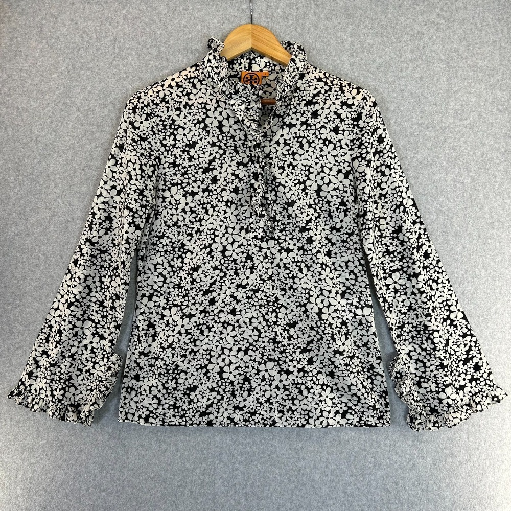 Tory Burch Ruffle Collar Blouse Top Long Sleeve Black White Daisy Floral Size 6